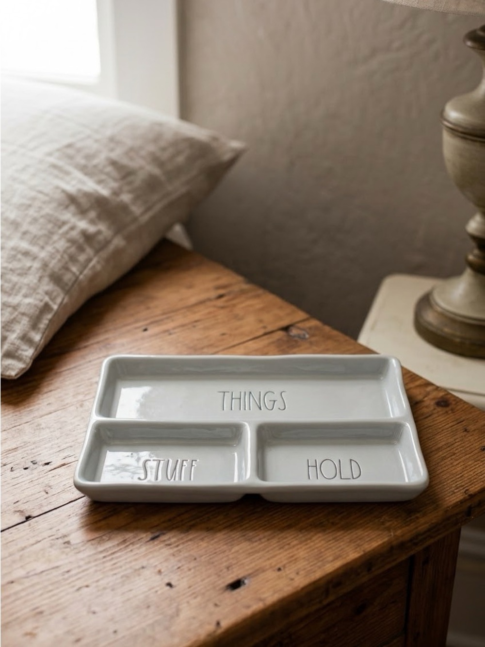 Rae Dunn. "Things, Stuff, Hold" organizer tray,